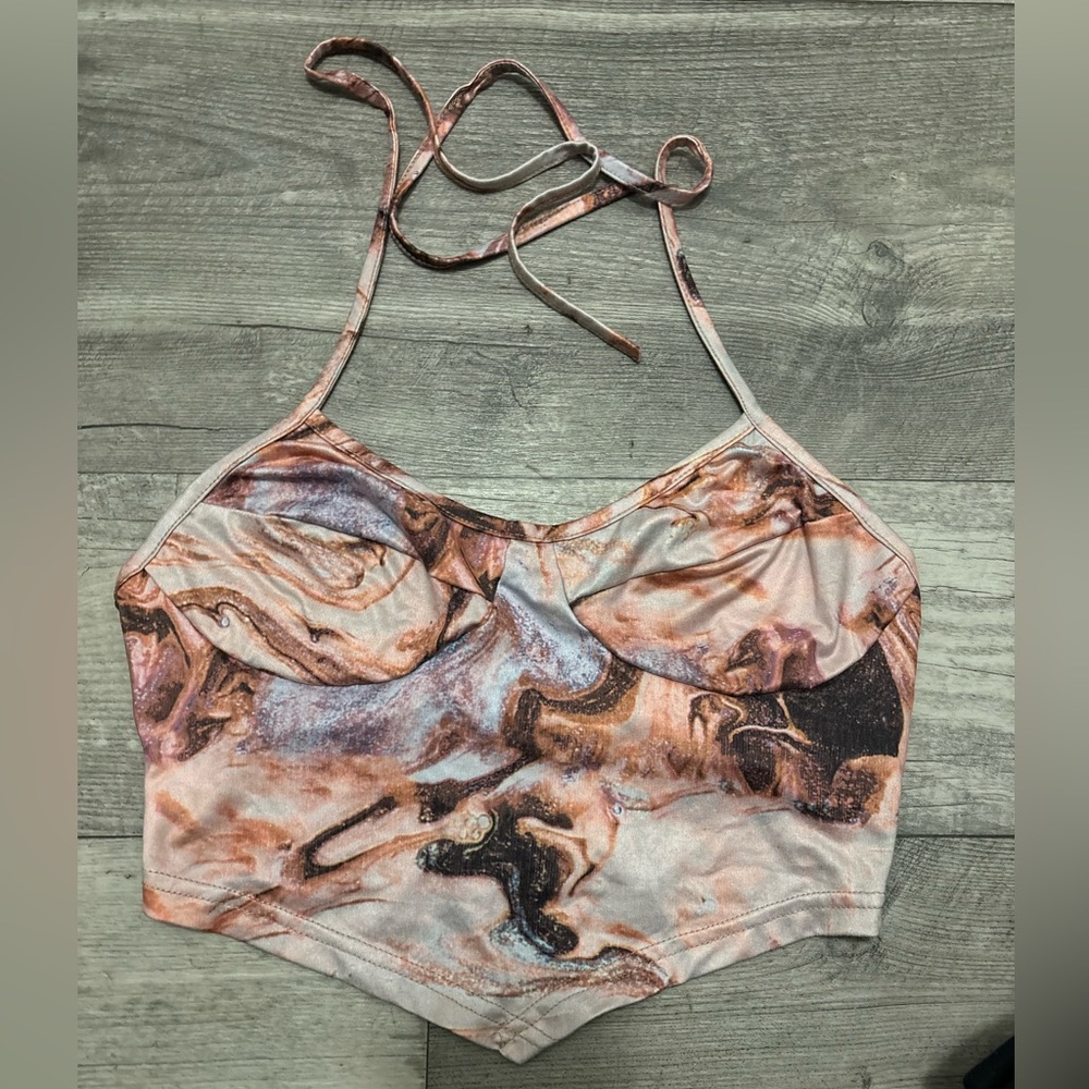 Shein Icon Tied Backless Marble Print Halter Top
